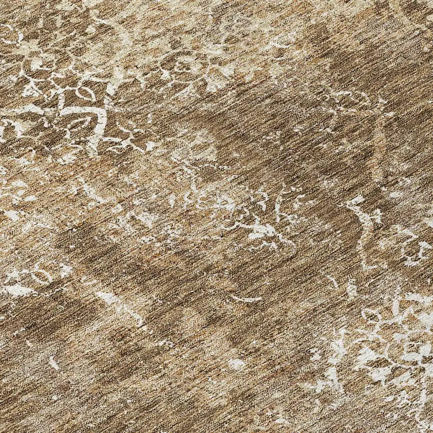8' Brown Taupe And Ivory Round Floral Washable Indoor Outdoor Area Rug Photo 9