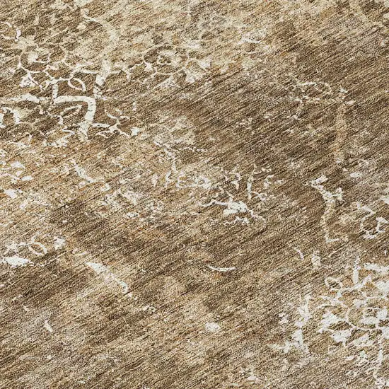 8' Brown Taupe And Ivory Round Floral Washable Indoor Outdoor Area Rug Photo 9