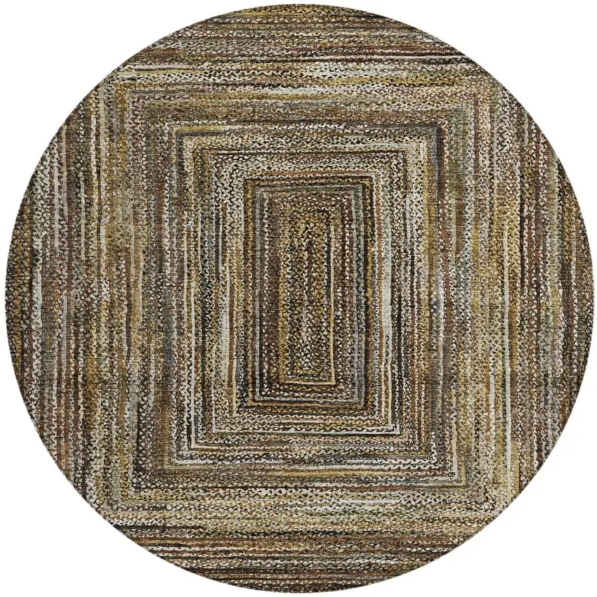 8' Brown Taupe And Ivory Round Geometric Washable Indoor Outdoor Area Rug Photo 3