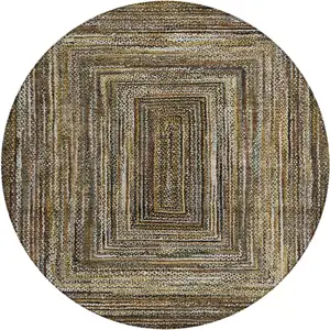Photo of 8' Brown Taupe And Ivory Round Geometric Washable Indoor Outdoor Area Rug