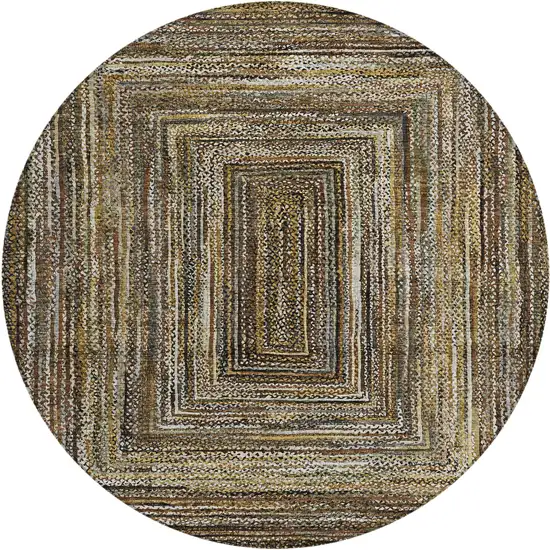 8' Brown Taupe And Ivory Round Geometric Washable Indoor Outdoor Area Rug Photo 1