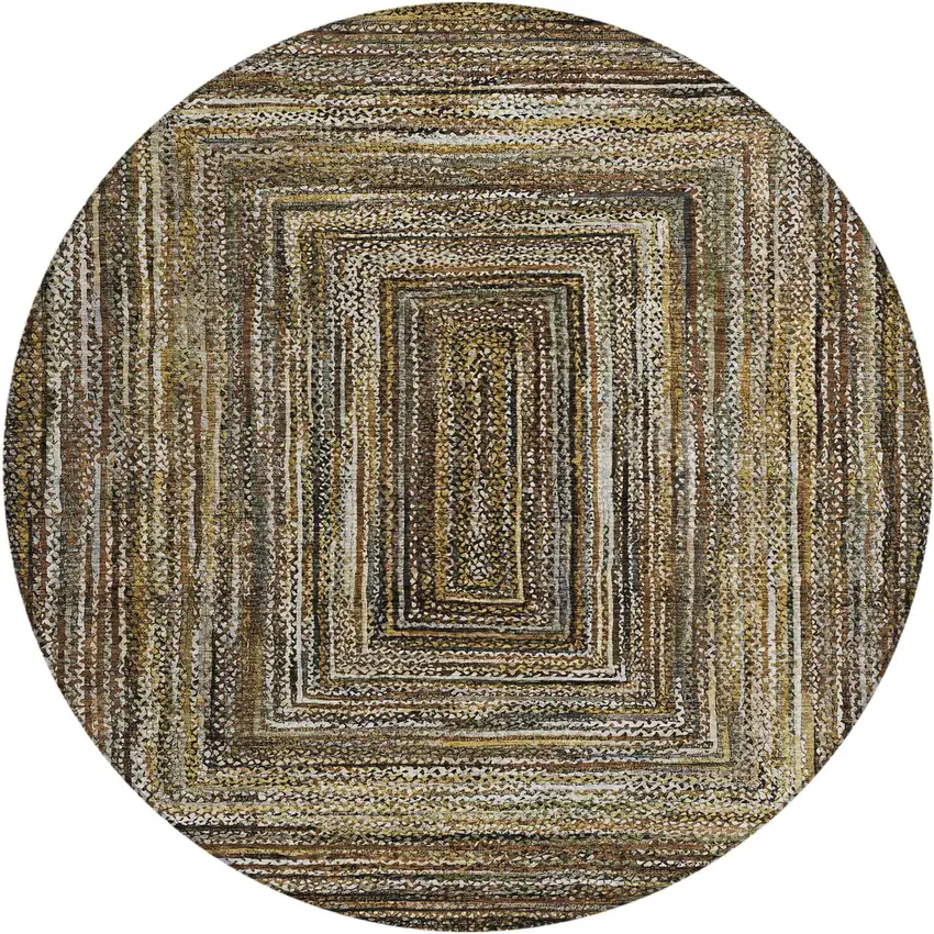 8' Brown Taupe And Ivory Round Geometric Washable Indoor Outdoor Area Rug Photo 1