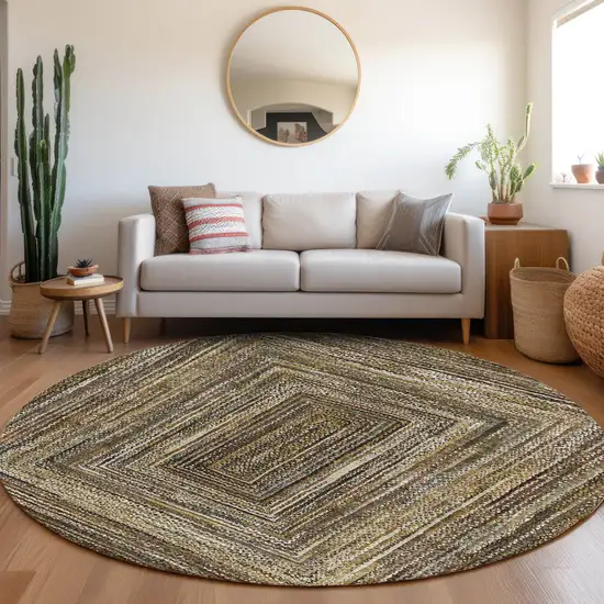 8' Brown Taupe And Ivory Round Geometric Washable Indoor Outdoor Area Rug Photo 6