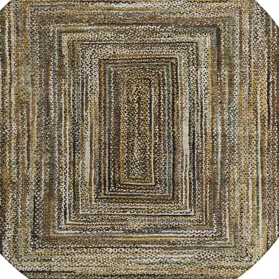 8' Brown Taupe And Ivory Round Geometric Washable Indoor Outdoor Area Rug Photo 7