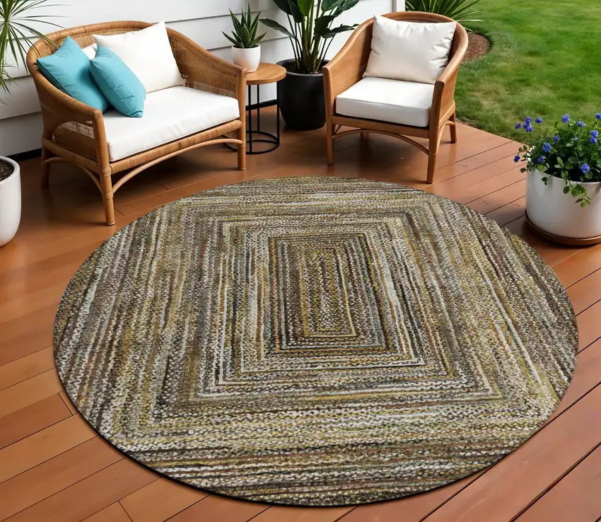 8' Brown Taupe And Ivory Round Geometric Washable Indoor Outdoor Area Rug Photo 2