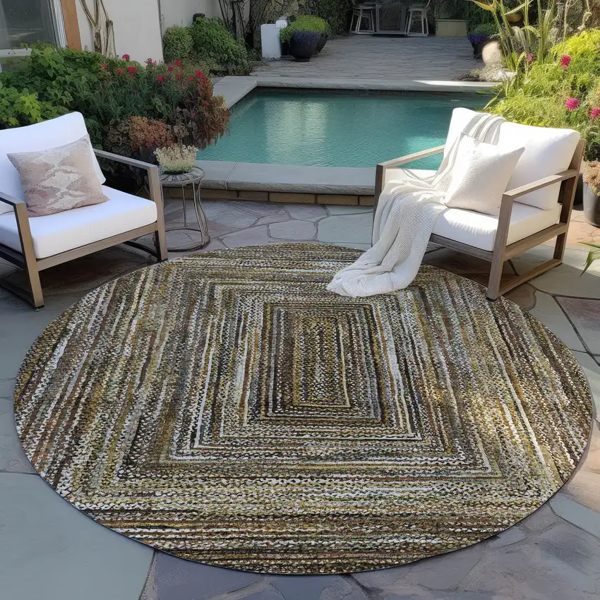 8' Brown Taupe And Ivory Round Geometric Washable Indoor Outdoor Area Rug Photo 5