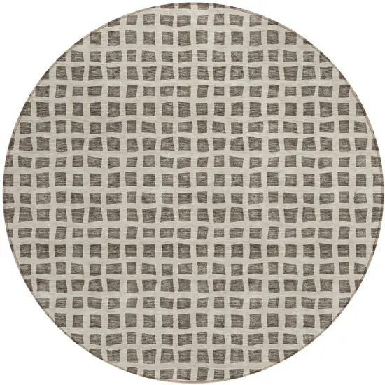8' Brown Taupe And Ivory Round Geometric Washable Indoor Outdoor Area Rug Photo 1
