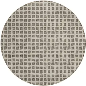Photo of 8' Brown Taupe And Ivory Round Geometric Washable Indoor Outdoor Area Rug