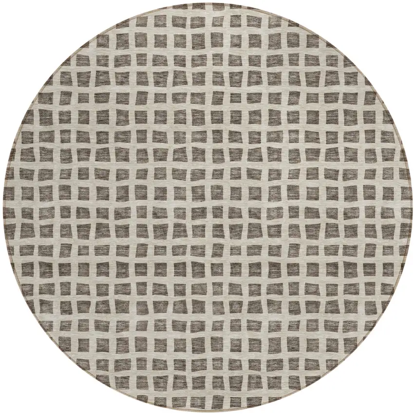 8' Brown Taupe And Ivory Round Geometric Washable Indoor Outdoor Area Rug Photo 1