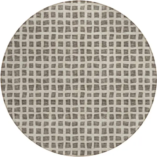 8' Brown Taupe And Ivory Round Geometric Washable Indoor Outdoor Area Rug Photo 1