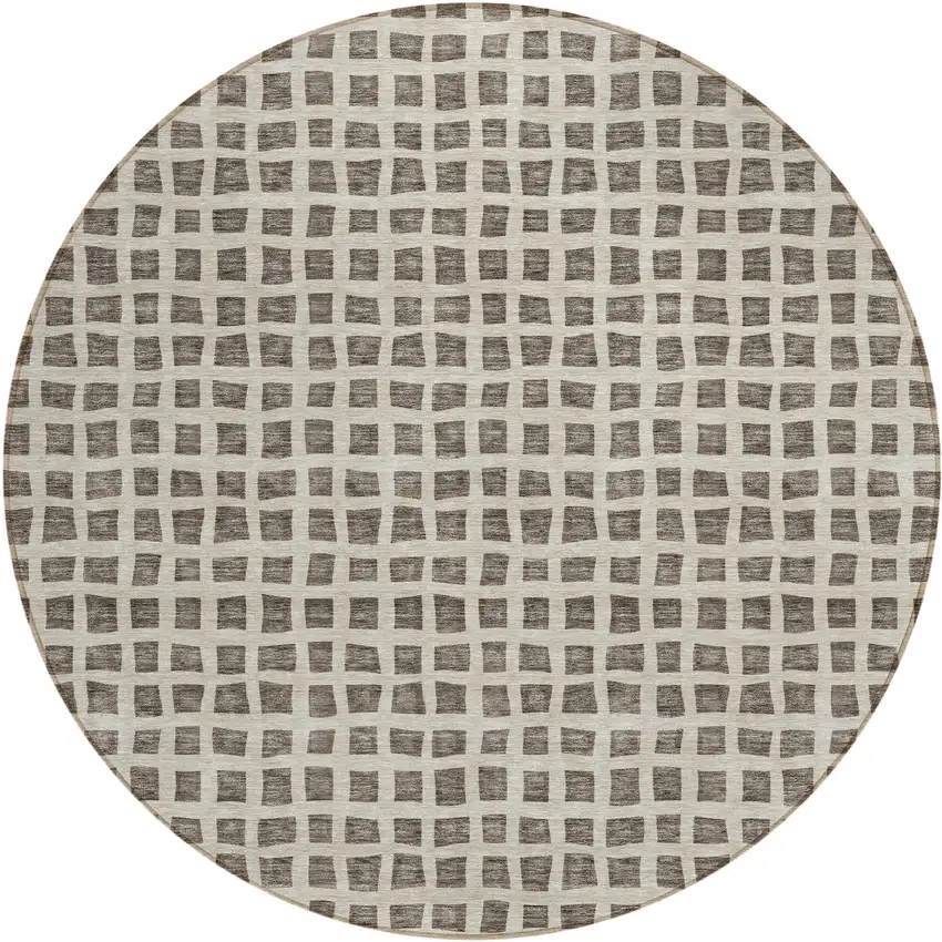 8' Brown Taupe And Ivory Round Geometric Washable Indoor Outdoor Area Rug Photo 1