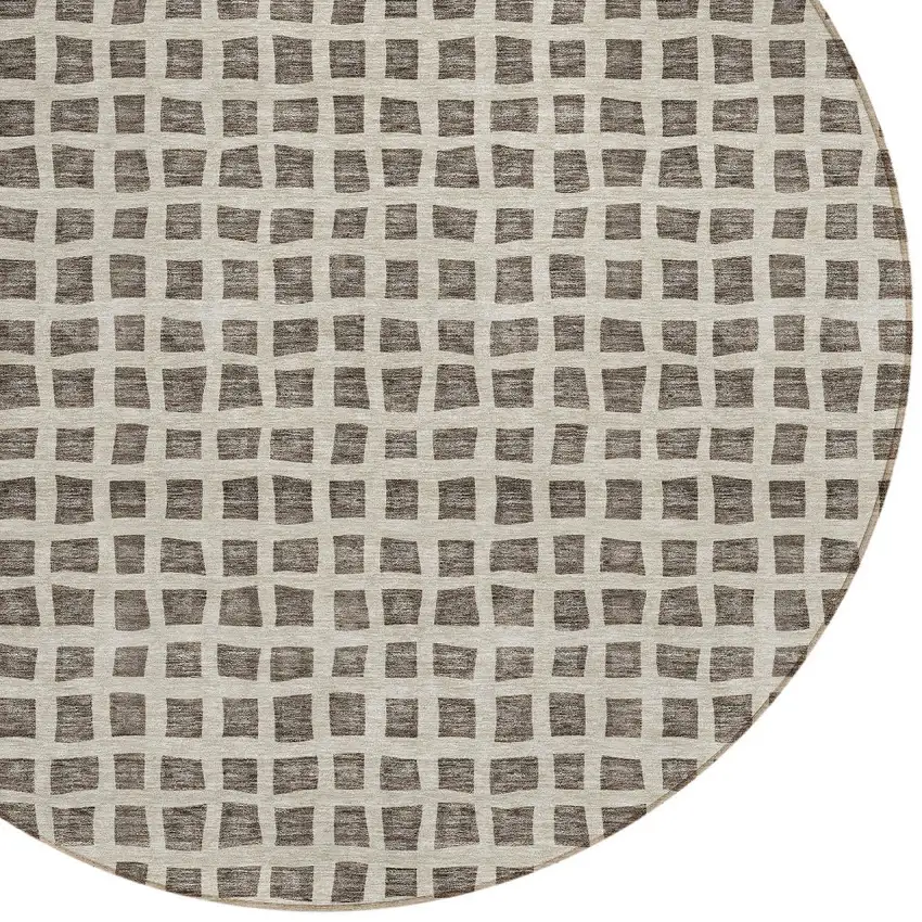 8' Brown Taupe And Ivory Round Geometric Washable Indoor Outdoor Area Rug Photo 6
