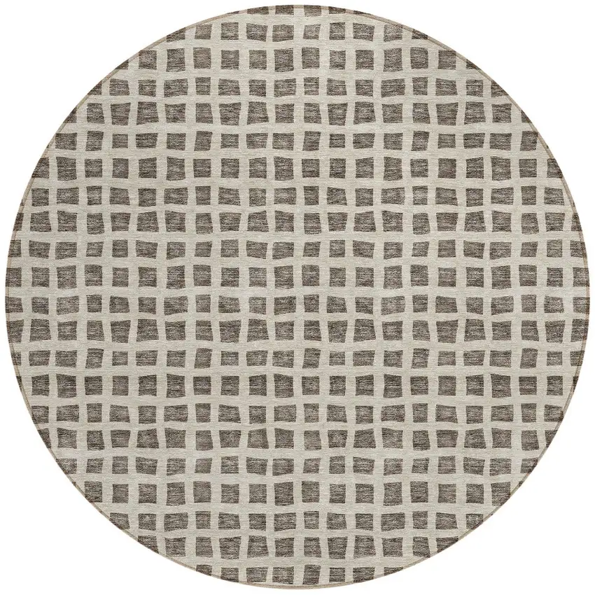 8' Brown Taupe And Ivory Round Geometric Washable Indoor Outdoor Area Rug Photo 7