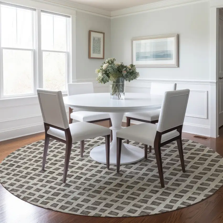 8' Brown Taupe And Ivory Round Geometric Washable Indoor Outdoor Area Rug Photo 9
