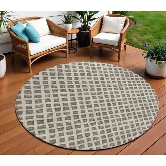 8' Brown Taupe And Ivory Round Geometric Washable Indoor Outdoor Area Rug Photo 1