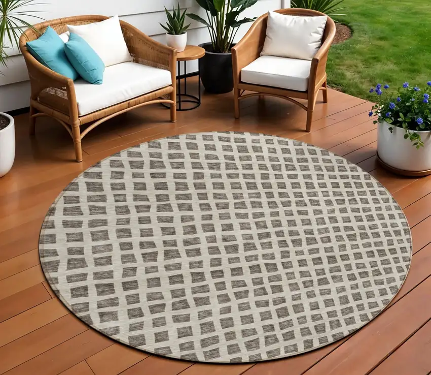 8' Brown Taupe And Ivory Round Geometric Washable Indoor Outdoor Area Rug Photo 1