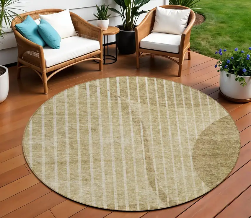 8' Brown Taupe And Ivory Round Striped Washable Indoor Outdoor Area Rug Photo 1