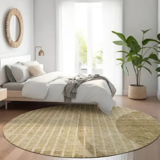 8' Brown Taupe And Ivory Round Striped Washable Indoor Outdoor Area Rug Photo 7