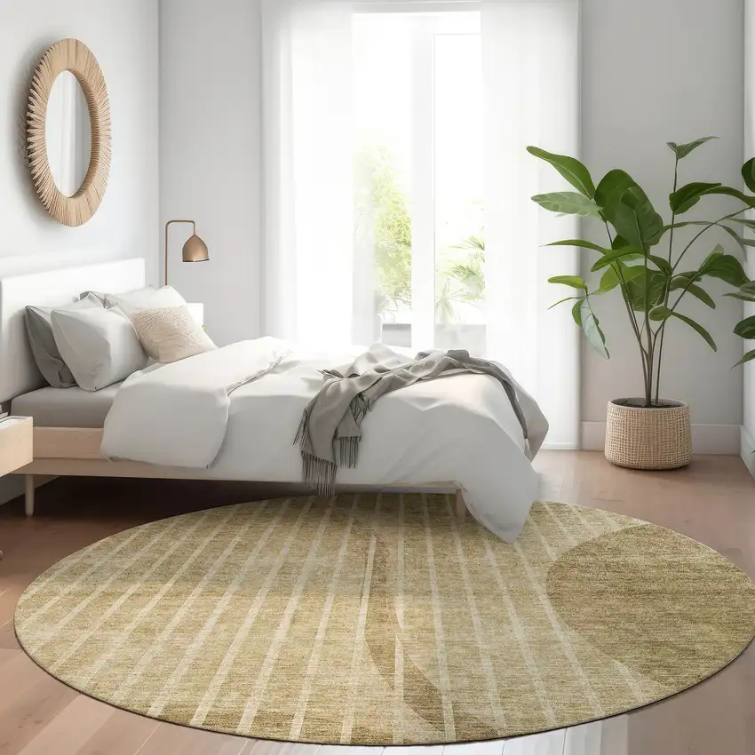 8' Brown Taupe And Ivory Round Striped Washable Indoor Outdoor Area Rug Photo 7