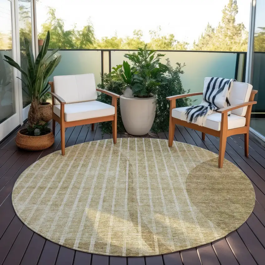 8' Brown Taupe And Ivory Round Striped Washable Indoor Outdoor Area Rug Photo 7