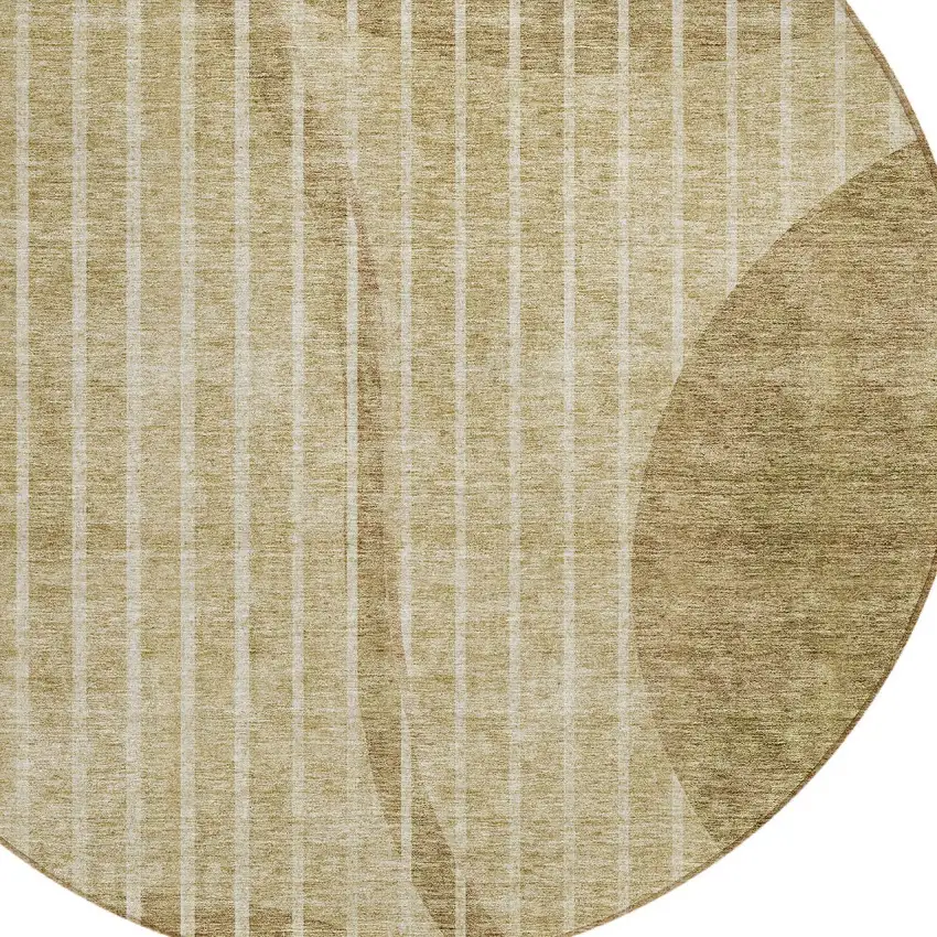 8' Brown Taupe And Ivory Round Striped Washable Indoor Outdoor Area Rug Photo 4
