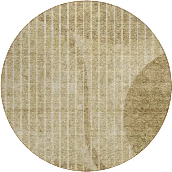 8' Brown Taupe And Ivory Round Striped Washable Indoor Outdoor Area Rug Photo 1