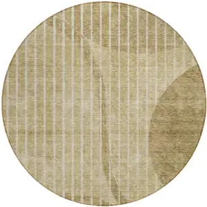 Photo of 8' Brown Taupe And Ivory Round Striped Washable Indoor Outdoor Area Rug