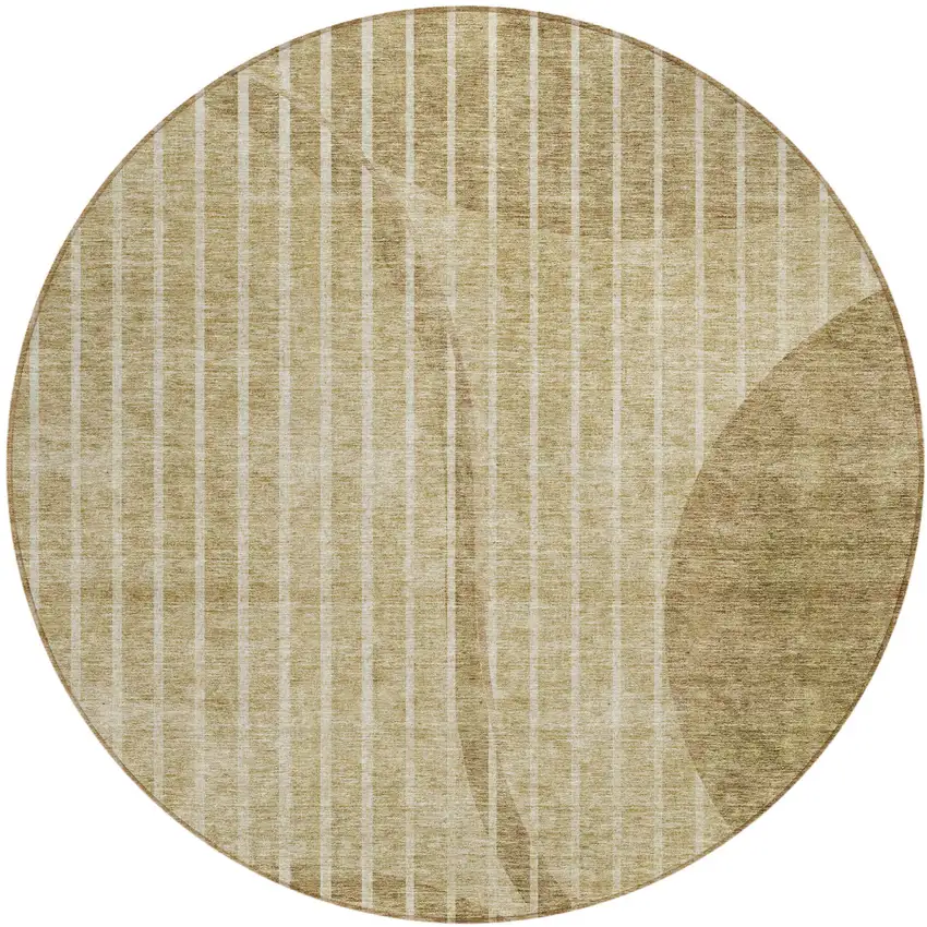 8' Brown Taupe And Ivory Round Striped Washable Indoor Outdoor Area Rug Photo 1