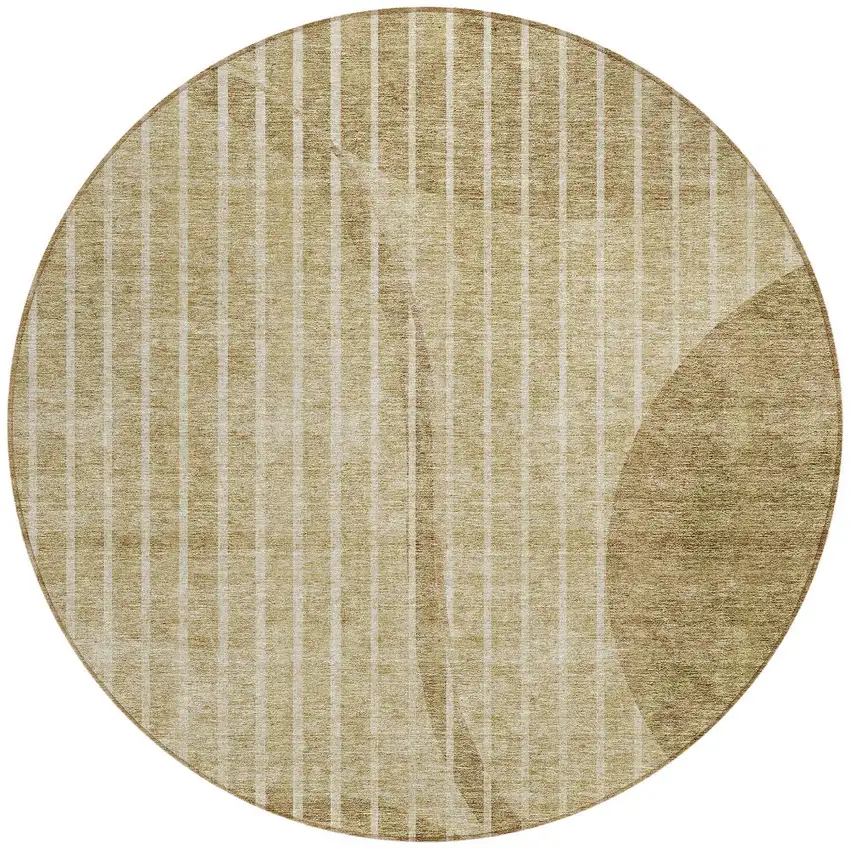 8' Brown Taupe And Ivory Round Striped Washable Indoor Outdoor Area Rug Photo 5