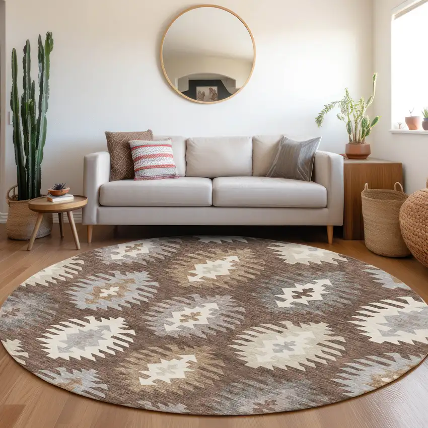 8' Brown Taupe And Ivory Southwestern Washable Round Rug With UV Protection Photo 4