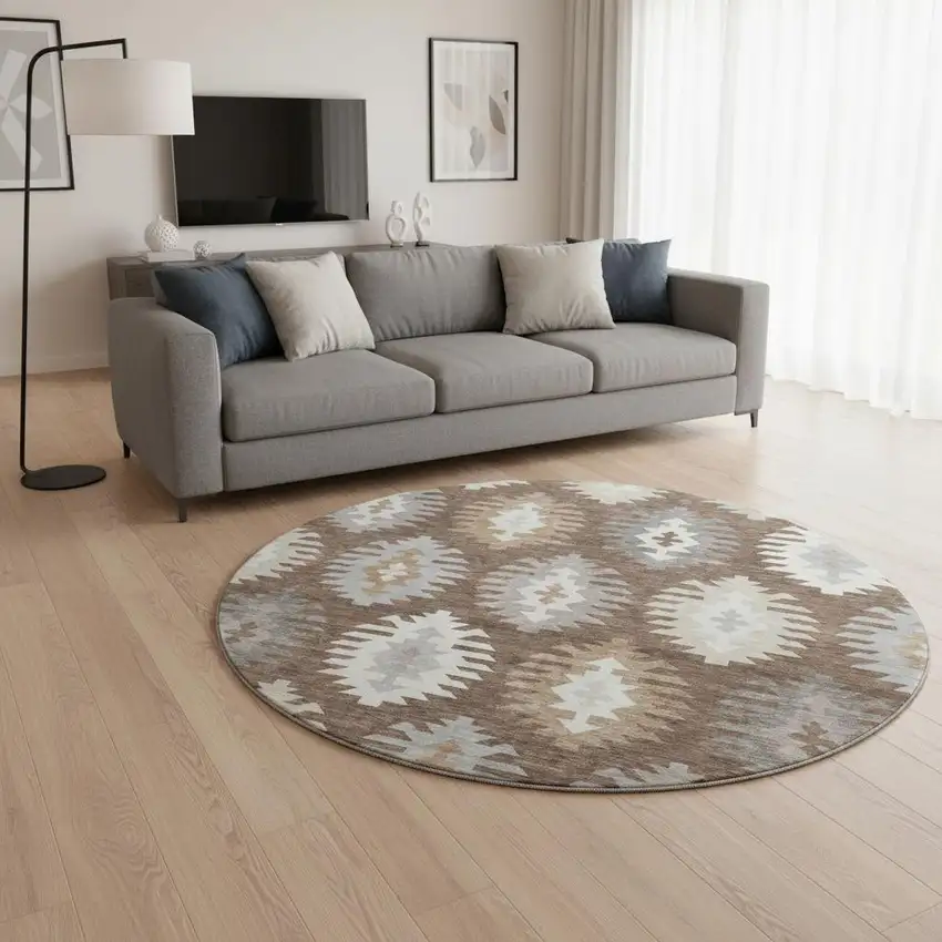 8' Brown Taupe And Ivory Southwestern Washable Round Rug With UV Protection Photo 2