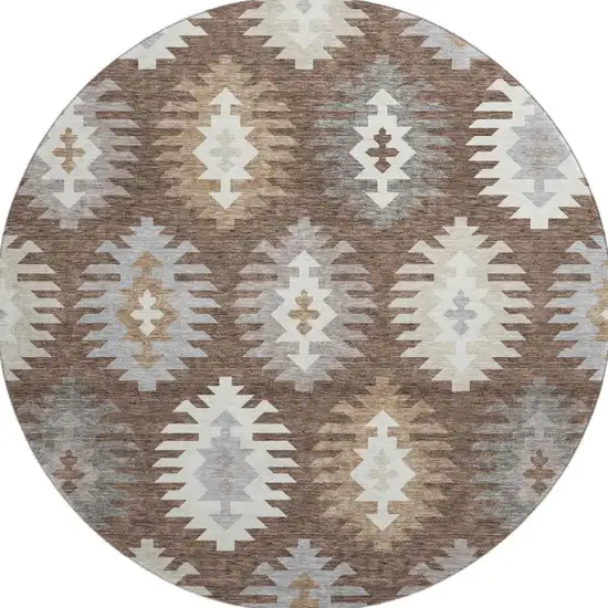 8' Brown Taupe And Ivory Southwestern Washable Round Rug With UV Protection Photo 3