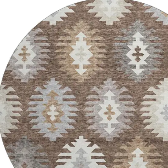 8' Brown Taupe And Ivory Southwestern Washable Round Rug With UV Protection Photo 2