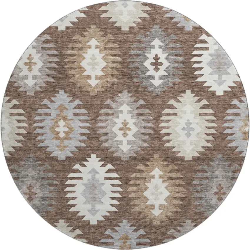 8' Brown Taupe And Ivory Southwestern Washable Round Rug With UV Protection Photo 1