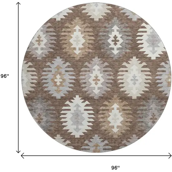 8' Brown Taupe And Ivory Southwestern Washable Round Rug With UV Protection Photo 9
