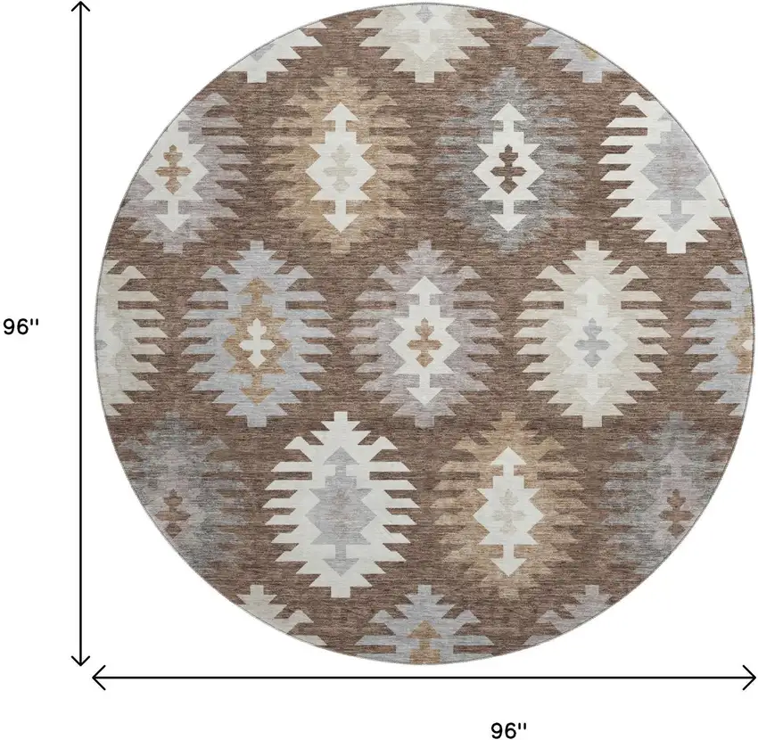 8' Brown Taupe And Ivory Southwestern Washable Round Rug With UV Protection Photo 9