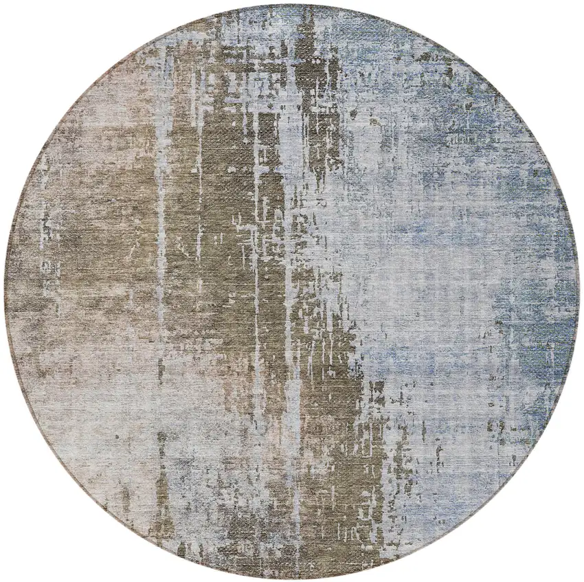 8' Brown Taupe And Navy Blue Round Abstract Washable Indoor Outdoor Area Rug Photo 4