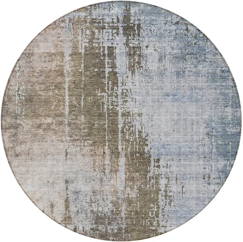 8' Brown Taupe And Navy Blue Round Abstract Washable Indoor Outdoor Area Rug Photo 4