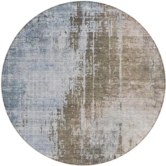 8' Brown Taupe And Navy Blue Round Abstract Washable Indoor Outdoor Area Rug Photo 2
