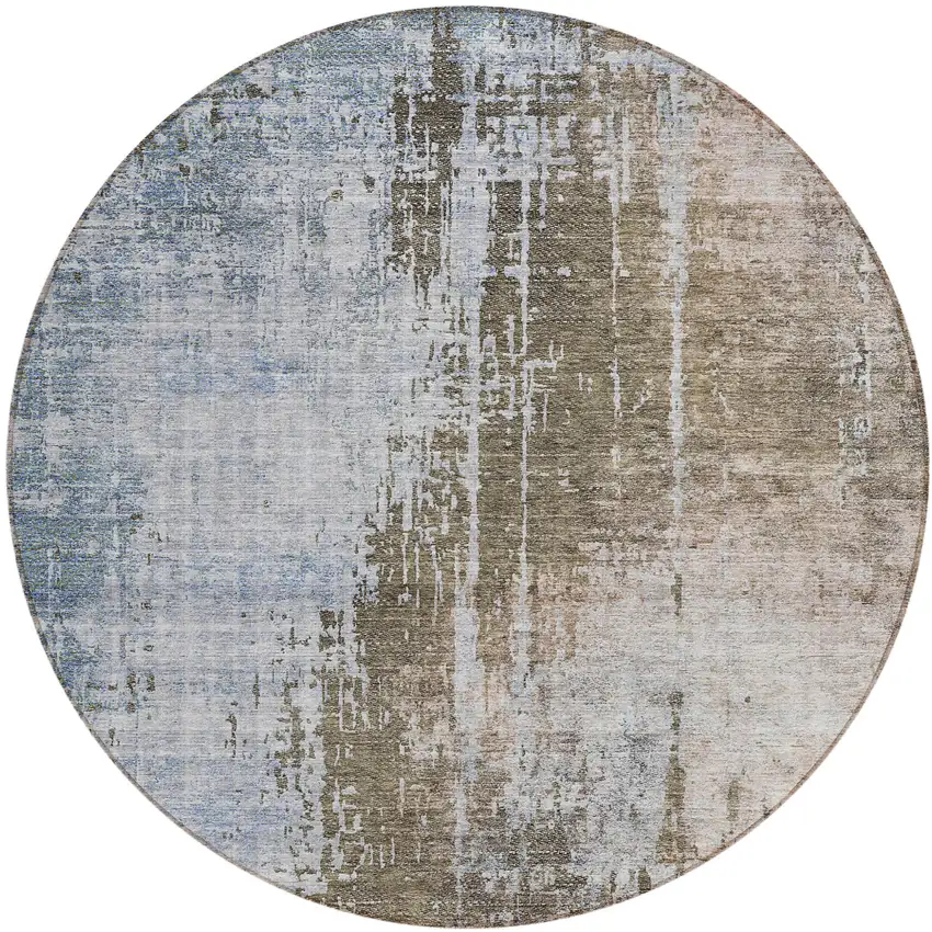 8' Brown Taupe And Navy Blue Round Abstract Washable Indoor Outdoor Area Rug Photo 2