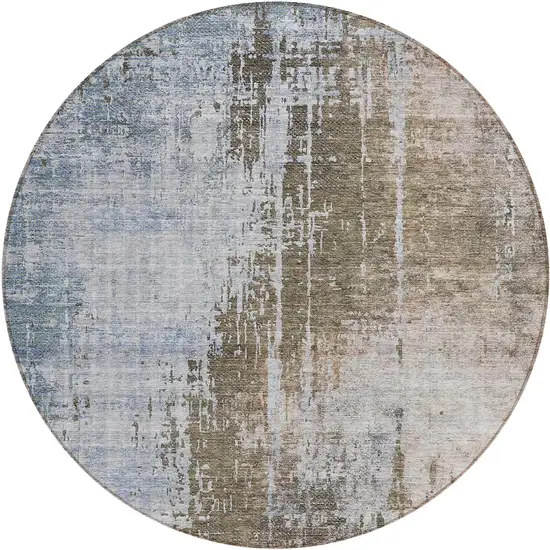 8' Brown Taupe And Navy Blue Round Abstract Washable Indoor Outdoor Area Rug Photo 2