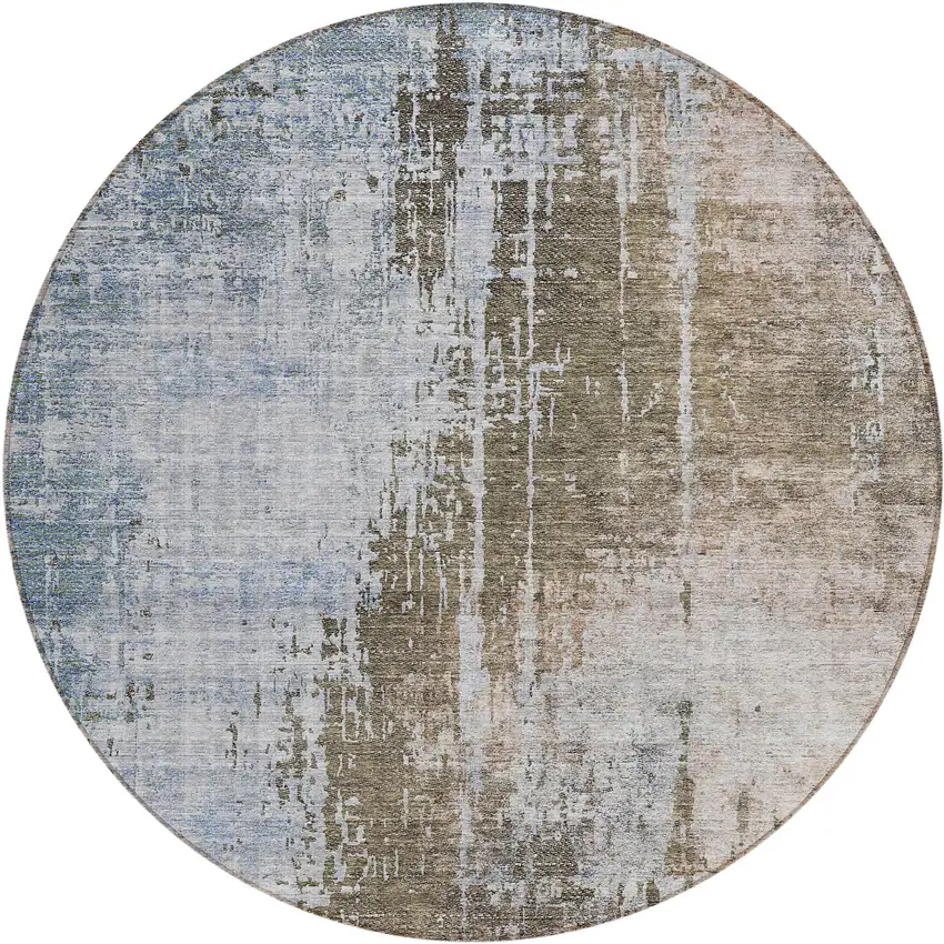 8' Brown Taupe And Navy Blue Round Abstract Washable Indoor Outdoor Area Rug Photo 2