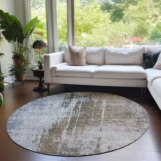 8' Brown Taupe And Navy Blue Round Abstract Washable Indoor Outdoor Area Rug Photo 6