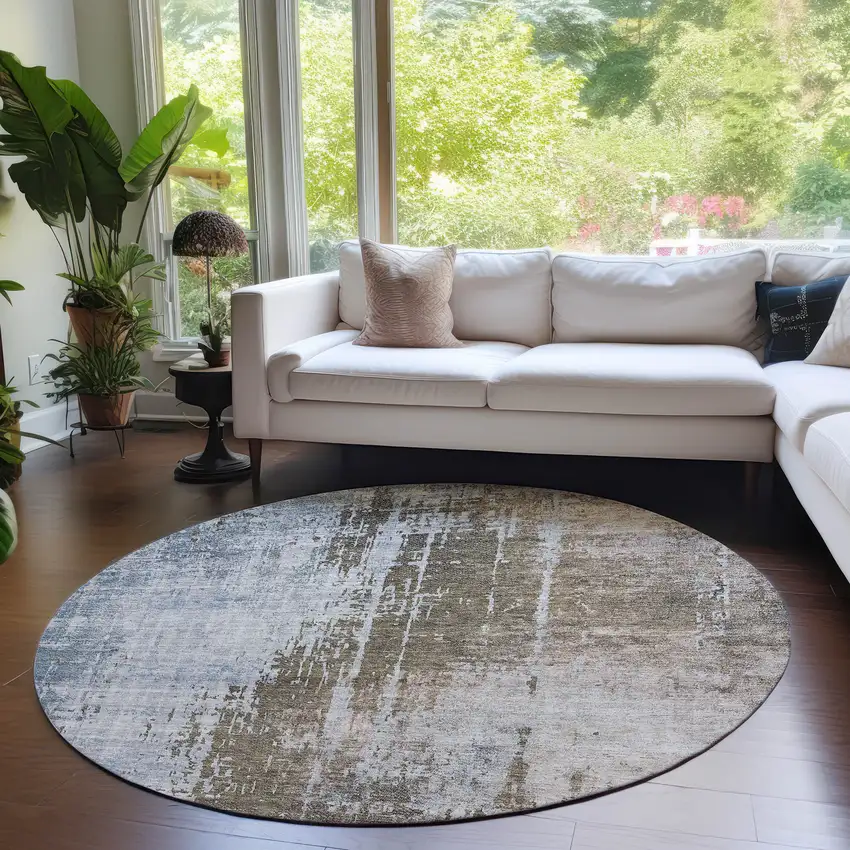 8' Brown Taupe And Navy Blue Round Abstract Washable Indoor Outdoor Area Rug Photo 6
