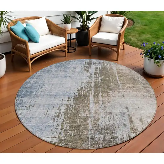 8' Brown Taupe And Navy Blue Round Abstract Washable Indoor Outdoor Area Rug Photo 1