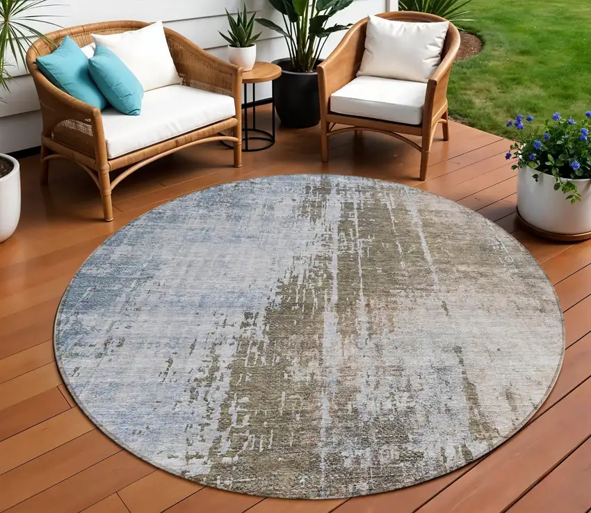 8' Brown Taupe And Navy Blue Round Abstract Washable Indoor Outdoor Area Rug Photo 1