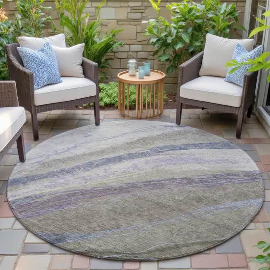 8' Brown Taupe And Purple Round Abstract Washable Indoor Outdoor Area Rug Photo 6