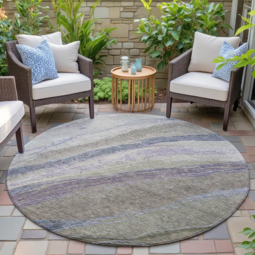 8' Brown Taupe And Purple Round Abstract Washable Indoor Outdoor Area Rug Photo 6