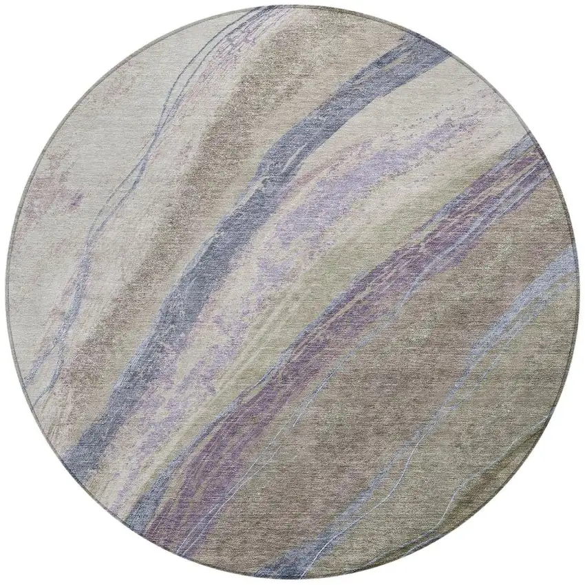 8' Brown Taupe And Purple Round Abstract Washable Indoor Outdoor Area Rug Photo 3