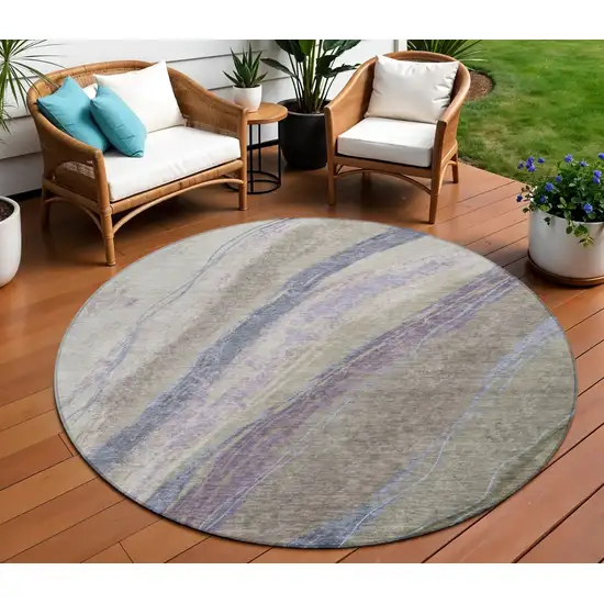 8' Brown Taupe And Purple Round Abstract Washable Indoor Outdoor Area Rug Photo 2